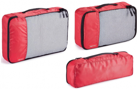 Organizatoare imbracaminte si incaltaminte - Set 3 oragnizatoare pentru calatorie Amazon Basics, rosu