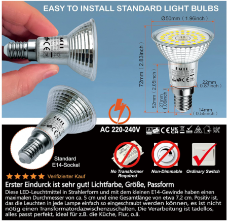 Set 6 becuri LED EACLL E14 alb rece, 6W echivalent 100W, R50 halogen, 6000K [3]