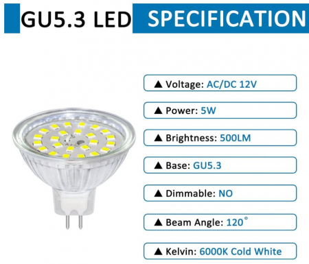 Set 6 becuri LED GU5.3 SCNNC, 12V, 5W echivalent cu 50W, alb rece 6000K, 500LM [6]