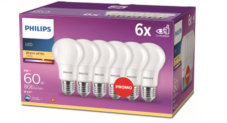 Corpuri iluminat - Set 6 Becuri PHILIPS LED E27, 8W (60W), alb cald