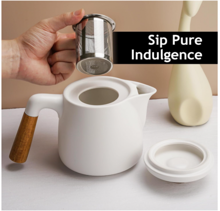 Set ceainic din ceramică MIAMIO, 1 litru, 4 căni, farfurii din bambus, alb [9]