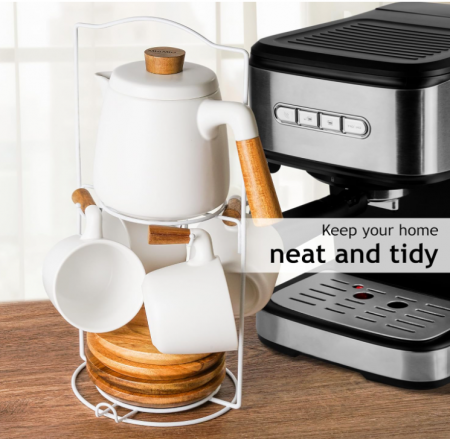 Set ceainic din ceramică MIAMIO, 1 litru, 4 căni, farfurii din bambus, alb [6]