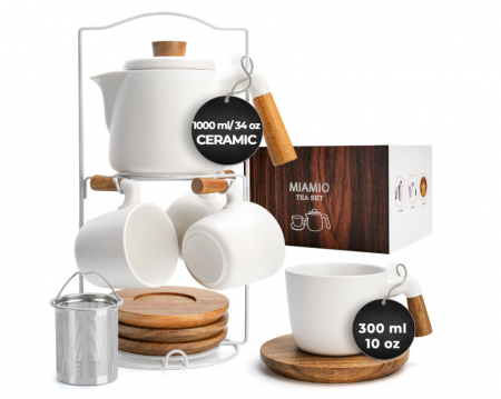 TOATE PRODUSELE - Set ceainic din ceramică MIAMIO, 1 litru, 4 căni, farfurii din bambus, alb