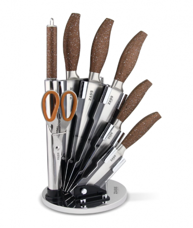 TOATE PRODUSELE - Set cutite 8 piese cu foarfeca, dispozitiv de ascutit si suport acrilic cu baza rotativa, Zass Gourmet ZG-KS 05