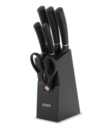 TOATE PRODUSELE - Set cutite de bucatarie 7 piese cu foarfeca si suport din lemn Zass Gourmet ZG-KS 03, Negru