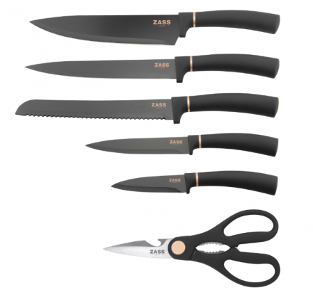 Set cutite de bucatarie 7 piese cu foarfeca si suport din lemn Zass Gourmet ZG-KS 03, Negru [3]