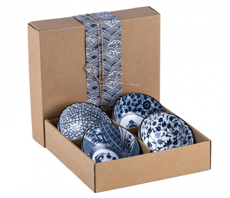 Bucatarie & Servire - Set de 4 boluri din portelan cu model floral japonez, albastru