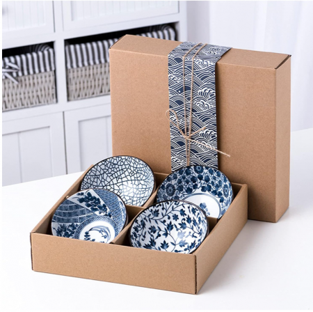 Set de 4 boluri din portelan cu model floral japonez, albastru [8]