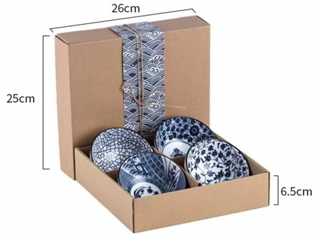 Set de 4 boluri din portelan cu model floral japonez, albastru [4]