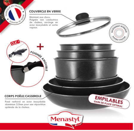 Set MENASTYL de 2 tigăi 24/28 cm + 3 cratițe 16/18/20 cm + 3 capace 20/24/28 cm + 1 mâner detașabil [3]