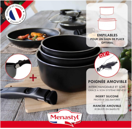 Set MENASTYL de 2 tigăi 24/28 cm + 3 cratițe 16/18/20 cm + 3 capace 20/24/28 cm + 1 mâner detașabil [6]