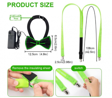 Set papion cu lumina LED si bretele Ainiv, verde [4]