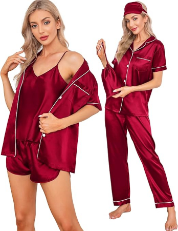 Set pijamale din satin pentru femei SWOMOG, scurte/lungi, 7 piese, rosu, XL [9]