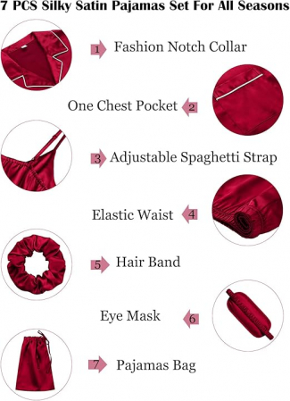 Set pijamale din satin pentru femei SWOMOG, scurte/lungi, 7 piese, rosu, XL [10]