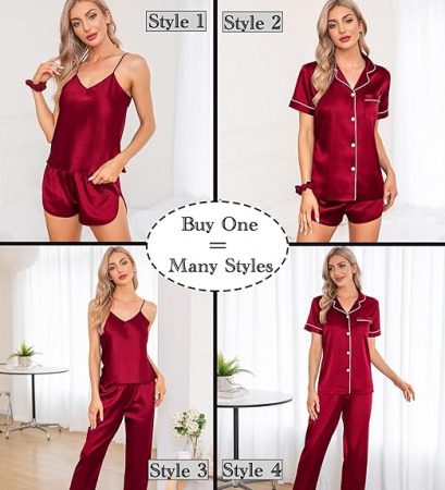 Set pijamale din satin pentru femei SWOMOG, scurte/lungi, 7 piese, rosu, XL [7]