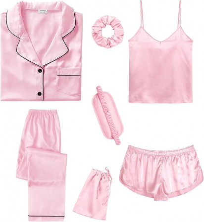 Imbracaminte femei - Set pijamale din satin pentru femei SWOMOG, scurte/lungi, 7 piese, rosu, XL