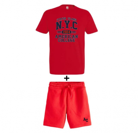 Fashion - Set tricou si pantaloni scurti unisex AMERICAN COLLEGE, rosu/galben, M