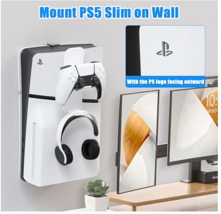 Suport de perete pentru Playstation 5 Slim cu suport pentru controler, negru [6]