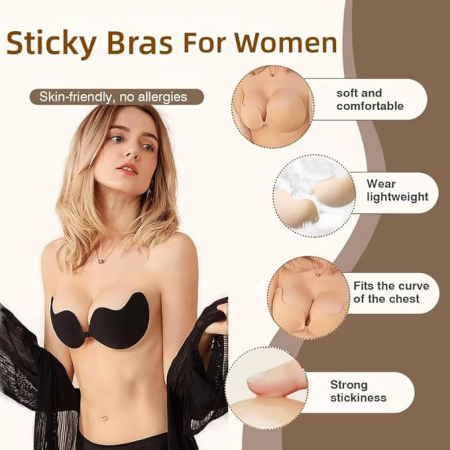 Sutien adeziv push-up BTkviseQat, invizibil, fara bretele, negru/bej, marimea B [2]