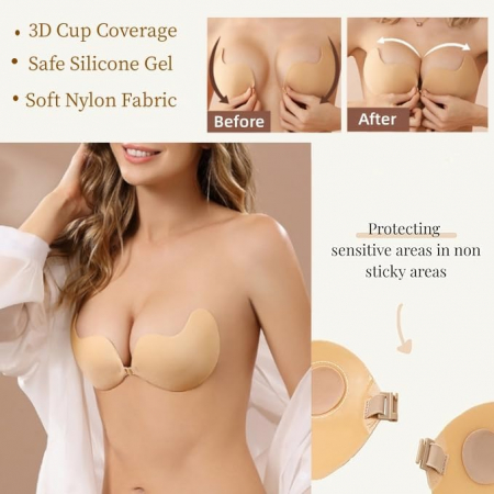Sutien adeziv push-up BTkviseQat, invizibil, fara bretele, negru/bej, marimea B [4]
