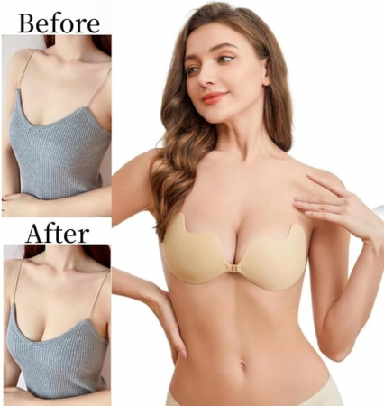 Sutien adeziv push-up BTkviseQat, invizibil, fara bretele, negru/bej, marimea B [3]
