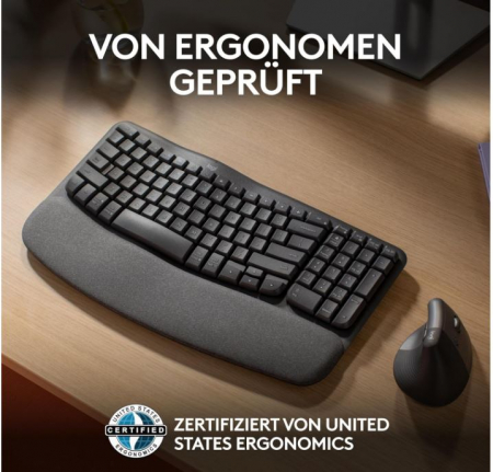 Tastatura fara fir ergonomica Logitech Wave Keys, QWERTZ german, gri grafit [6]