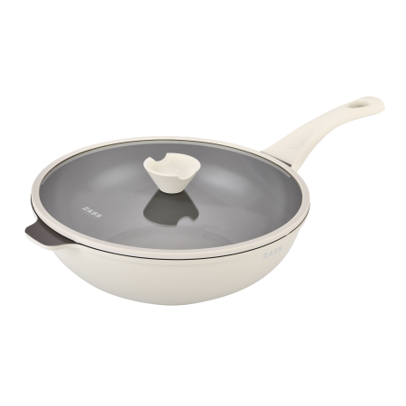 TOATE PRODUSELE - Tigaie tip wok, aluminiu turnat sub presiune, acoperire ceramică, capac sticlă, 30 cm, ZG-ACS08 Crem