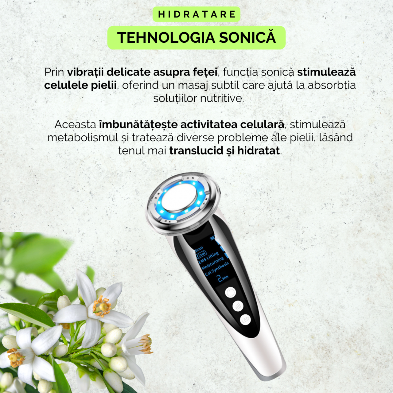 Aparat pentru intinerirea pielii, masaj facial cu vibratii si caldura, 3 niveluri intensitate, micsorare pori, lifting facial, indepartare riduri, tratament acnee, portabil, alb [3]