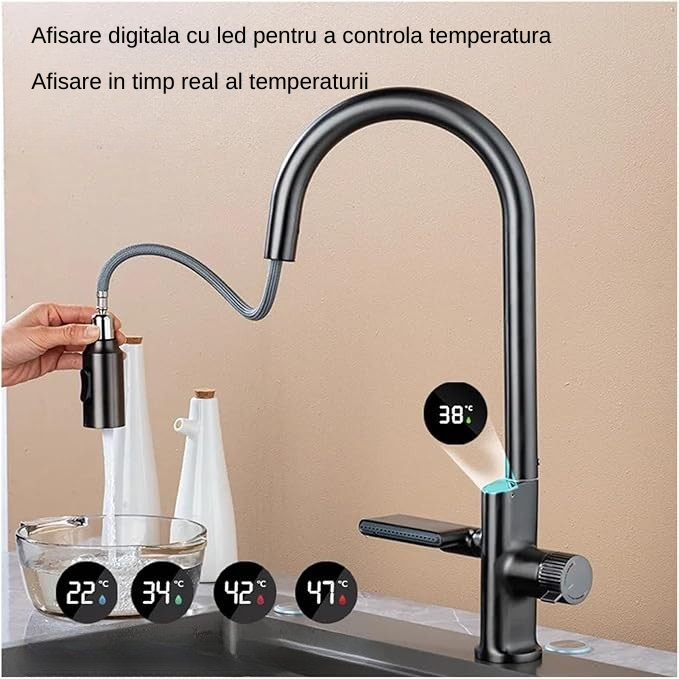 Baterie de bucatarie cu dus extractibil, 2 functii de curgere, display digital, culoare gri luxury [2]