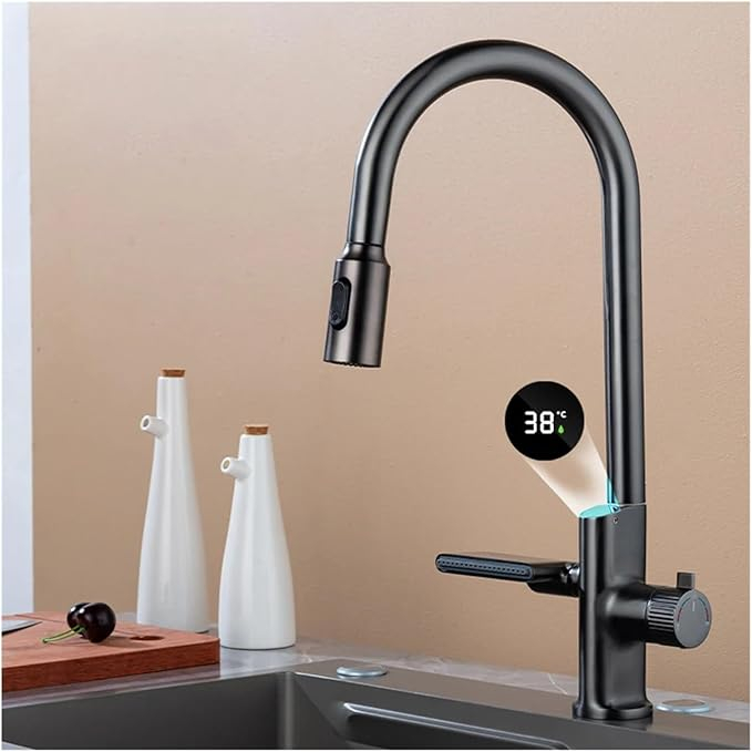 Baterie de bucatarie cu dus extractibil, 2 functii de curgere, display digital, culoare gri luxury [1]