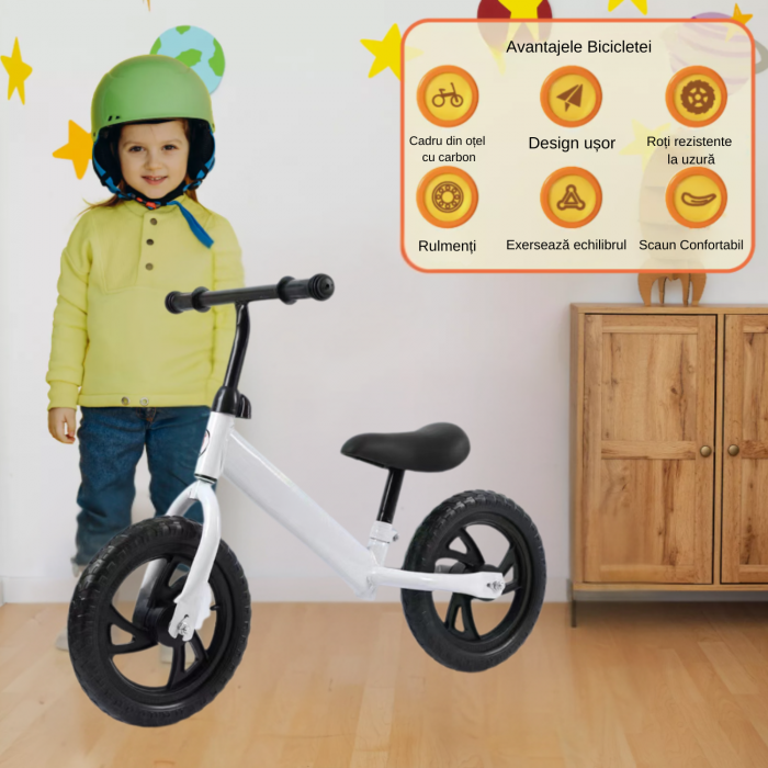 Bicicleta fara pedale pentru copii, model premium, roti negre din spuma EVA, cadru metalic rezistent, sa ajustabila si manere antiderapante, Alb [2]
