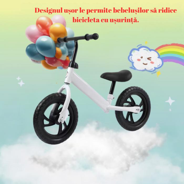 Bicicleta fara pedale pentru copii, model premium, roti negre din spuma EVA, cadru metalic rezistent, sa ajustabila si manere antiderapante, Alb [4]