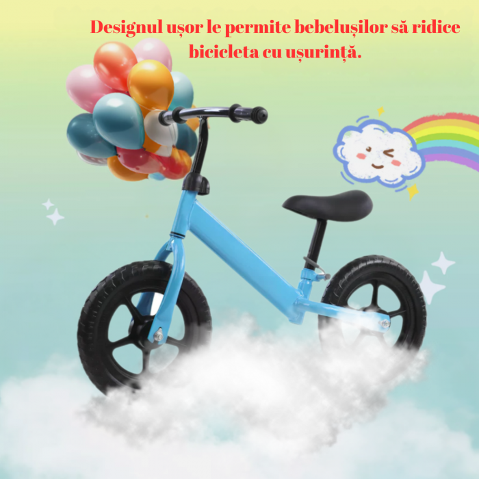 Bicicleta fara pedale pentru copii, model premium, roti negre din spuma EVA, cadru metalic rezistent, sa ajustabila si manere antiderapante, Albastra [5]