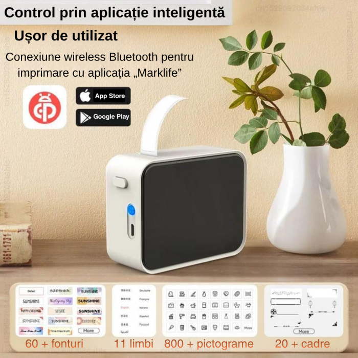 Imprimanta portabila termica Mini P15 Marklife, Bluetooth, fara cerneala, compatibila iOS & Android, 203 dpi, viteza 20mm/s, baterie 1200mAh, etichete 15mm, design compact [6]
