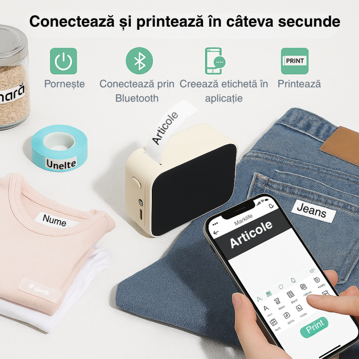 Imprimanta portabila termica Mini P15 Marklife, Bluetooth, fara cerneala, compatibila iOS & Android, 203 dpi, viteza 20mm/s, baterie 1200mAh, etichete 15mm, design compact [3]