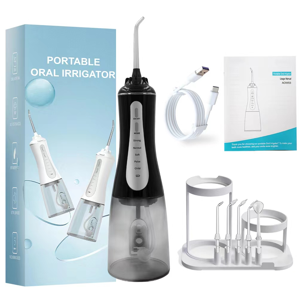 Irigator oral profesional pentru dus bucal, 350ml, electric cu 6 capete, 5 moduri de curatare, jet puternic, design ergonomic, rezistent la apa, portabil si reincarcabil, USB, negru [1]