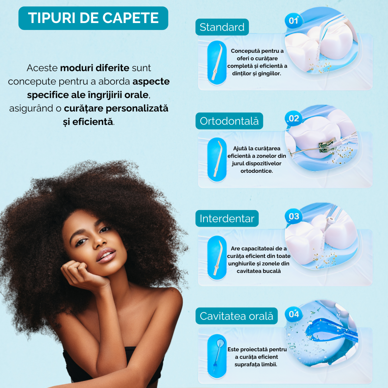 Irigator oral profesional pentru dus bucal, 350ml, electric cu 6 capete, 5 moduri de curatare, jet puternic, design ergonomic, rezistent la apa, portabil si reincarcabil, USB, alb [7]