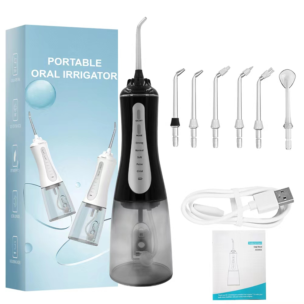 Irigator oral profesional pentru dus bucal, 350ml, electric cu 6 capete, 5 moduri de curatare, jet puternic, design ergonomic, rezistent la apa, portabil si reincarcabil, USB, negru [8]