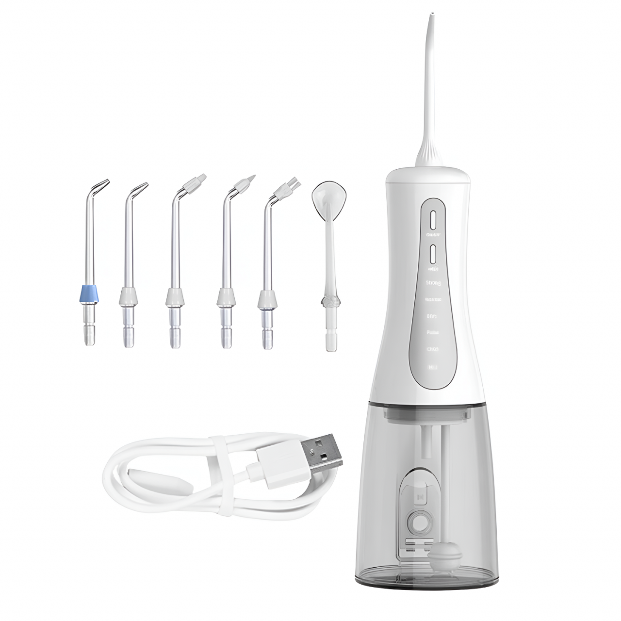 Irigator oral profesional pentru dus bucal, 350ml, electric cu 6 capete, 5 moduri de curatare, jet puternic, design ergonomic, rezistent la apa, portabil si reincarcabil, USB, alb [1]