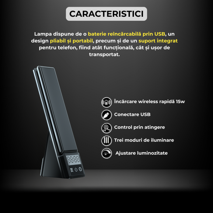 Lampa birou, noptiera 4 in1 smart 15W QI fast charge Wireless, incarcare Telefon, Ceas, Casti, Led, Control Touch, Lumina reglabila, Protectie ochi compatibil, iPhone, Samsung, Huawei, Motorola, Xiaom [2]