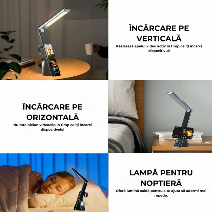 Lampa birou, noptiera 4 in1 smart 15W QI fast charge Wireless, incarcare Telefon, Ceas, Casti, Led, Control Touch, Lumina reglabila, Protectie ochi compatibil, iPhone, Samsung, Huawei, Motorola, Xiaom [7]