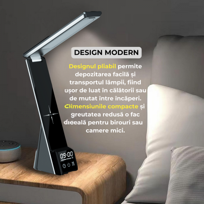 Lampa birou, noptiera 4 in1 smart 15W QI fast charge Wireless, incarcare Telefon, Ceas, Casti, Led, Control Touch, Lumina reglabila, Protectie ochi compatibil, iPhone, Samsung, Huawei, Motorola, Xiaom [8]