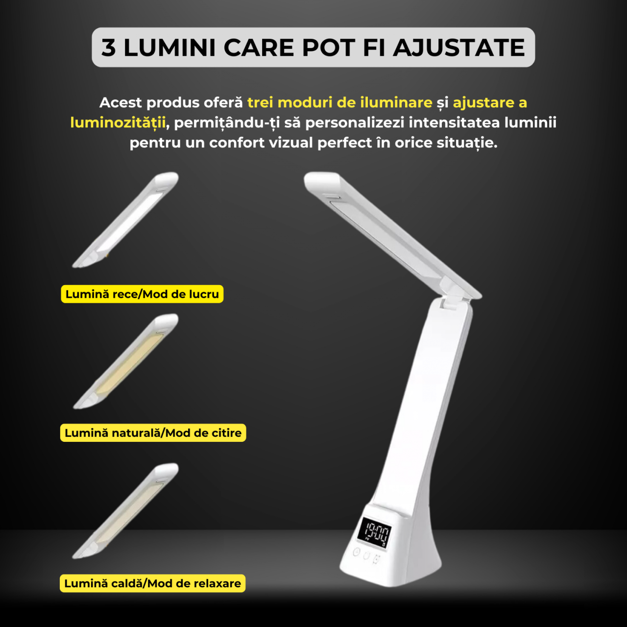 Lampa de birou LED multifunctionala, incarcare wireless, 15W, brat pliabil, iluminare reglabila 5 niveluri, ecran LCD, control tactil, ideala birou si studiu, alb [4]