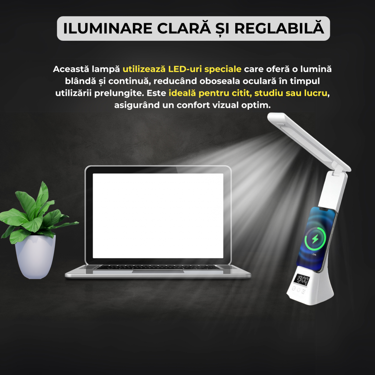 Lampa de birou LED multifunctionala, incarcare wireless, 15W, brat pliabil, iluminare reglabila 5 niveluri, ecran LCD, control tactil, ideala birou si studiu, alb [3]