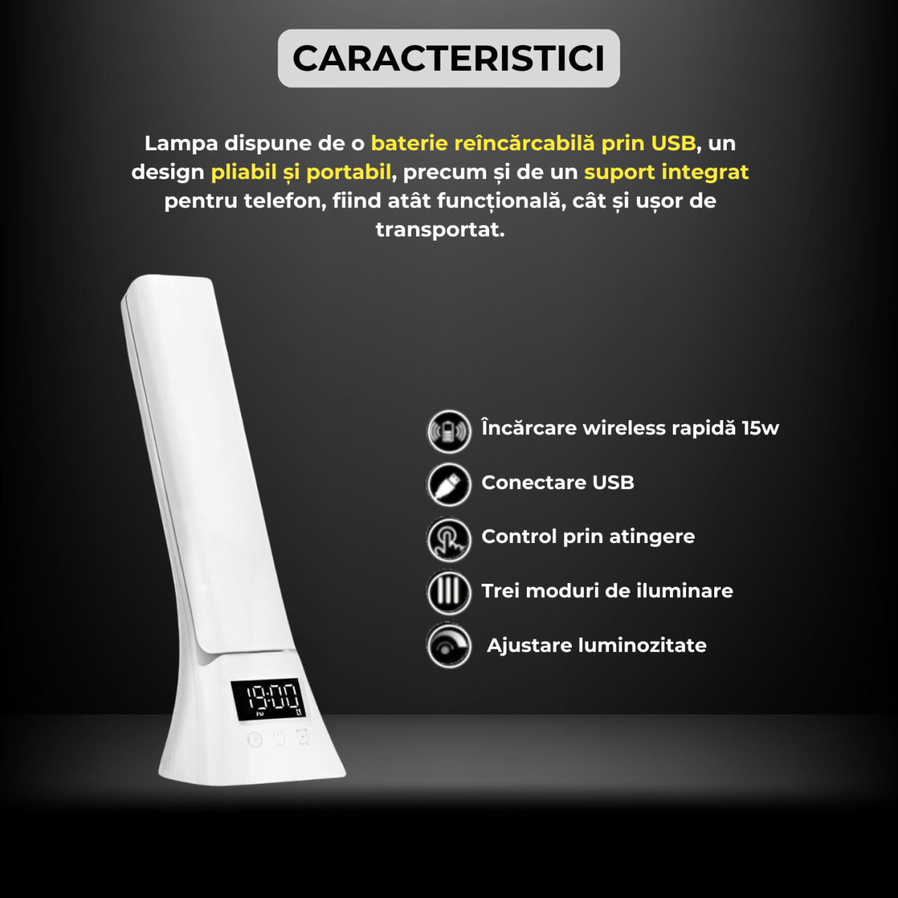 Lampa de birou LED multifunctionala, incarcare wireless, 15W, brat pliabil, iluminare reglabila 5 niveluri, ecran LCD, control tactil, ideala birou si studiu, alb [2]