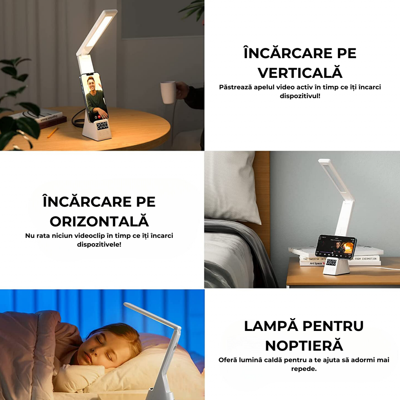Lampa de birou LED multifunctionala, incarcare wireless, 15W, brat pliabil, iluminare reglabila 5 niveluri, ecran LCD, control tactil, ideala birou si studiu, alb [7]
