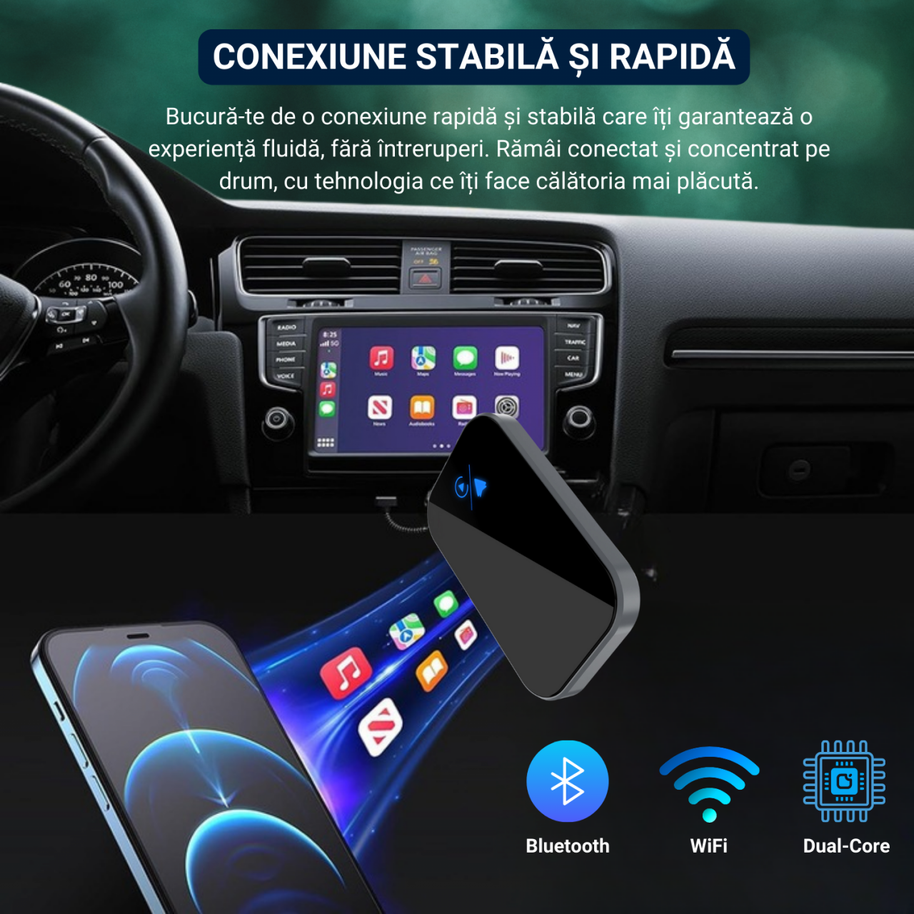 Modulator wireless 2 in 1 CarPlay si Android Auto, compatibil Apple si Android, conectivitate USB si USB-C, navigatie, apeluri, mesaje, muzica, Plug&Play, negru [7]