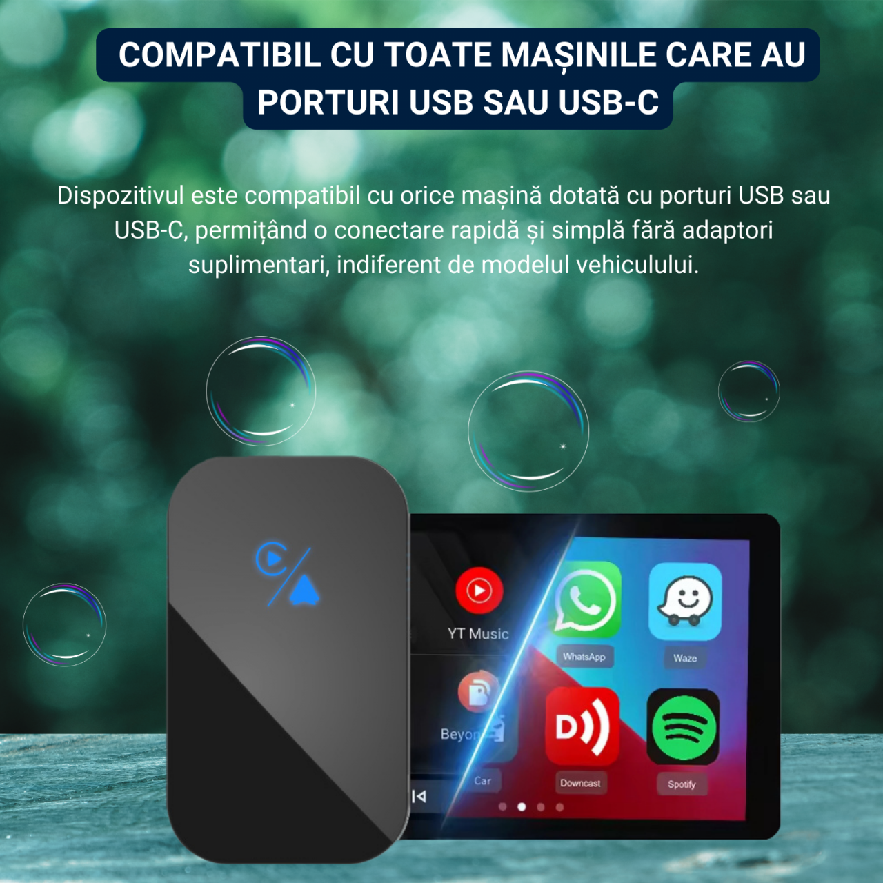 Modulator wireless 2 in 1 CarPlay si Android Auto, compatibil Apple si Android, conectivitate USB si USB-C, navigatie, apeluri, mesaje, muzica, Plug&Play, negru [4]