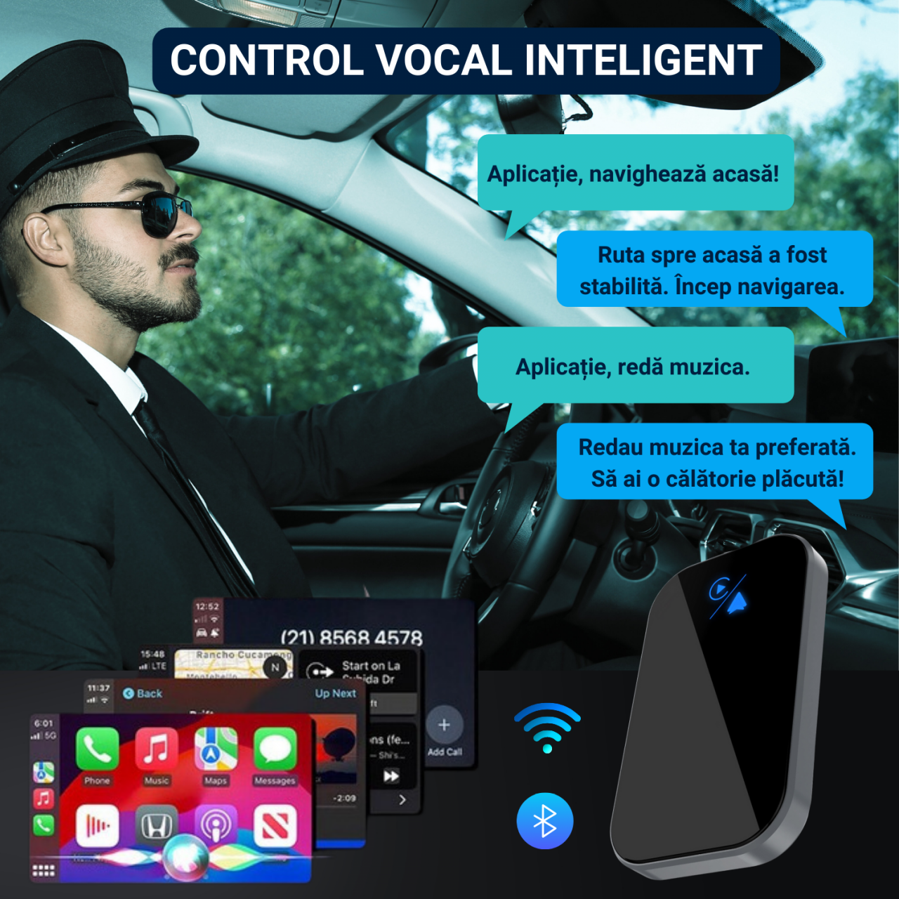 Modulator wireless 2 in 1 CarPlay si Android Auto, compatibil Apple si Android, conectivitate USB si USB-C, navigatie, apeluri, mesaje, muzica, Plug&Play, negru [6]