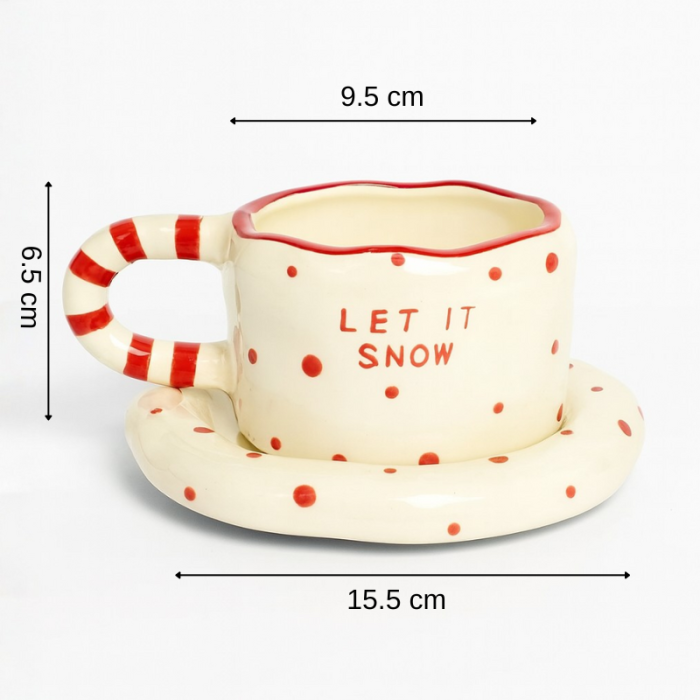 Set Colorat Cana si Farfurioara din Ceramica cu Buline, Pictata Manual, Design Festiv de Craciun, Ideala pentru Mic Dejun, Cappuccino, Ceai si Cadouri Inspirate, Cana Unica + Farfurioara Asortata [4]